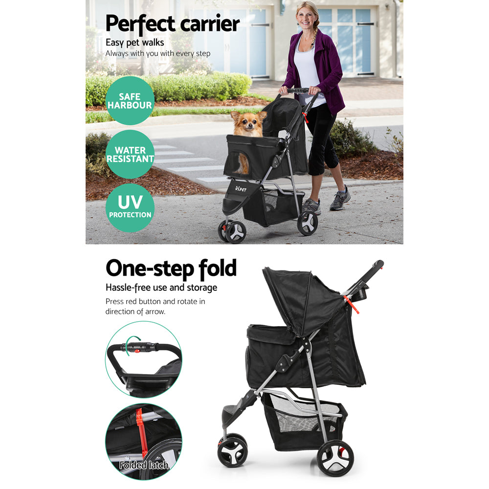 i.Pet 3-Wheel Pet Stroller – Foldable Travel Pram for Cats & Dogs