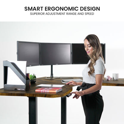 FORTIA 173W x 173W x 75D 3-Motor 120kg Load Adjustable Electric Sit to Stand Up Corner Desk - Walnut/Black Frame