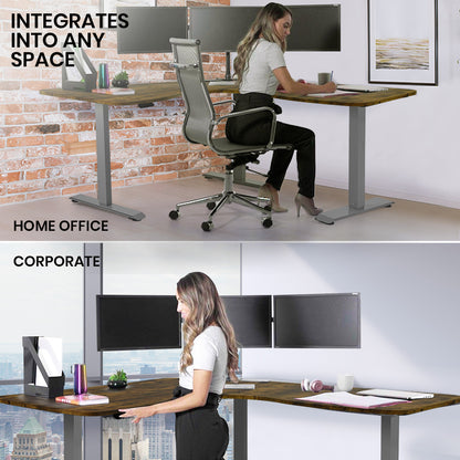 FORTIA 173W x 173W x 75D 3-Motor 120kg Load Adjustable Electric Sit to Stand Up Corner Desk - Walnut/Silver Frame