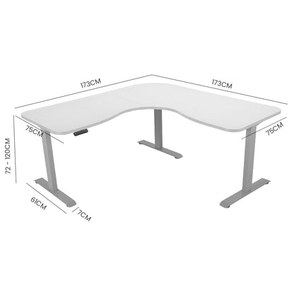 FORTIA 173W x 173W x 75D 3-Motor 120kg Load Adjustable Electric Sit to Stand Up Corner Desk - White/Silver Frame